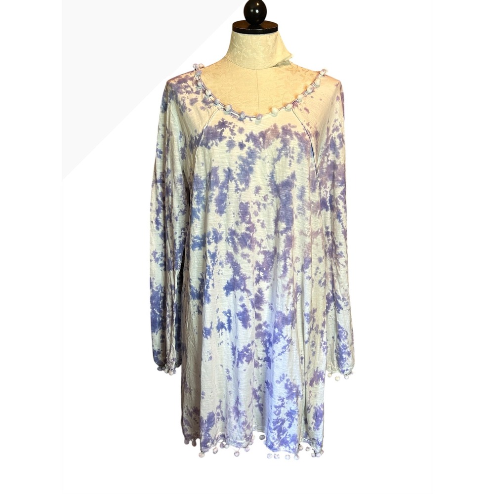 Anandas Collection Ocean Purple Tie Dye Pom Pom Trim Tunic Top Plus Sz XXL NWT